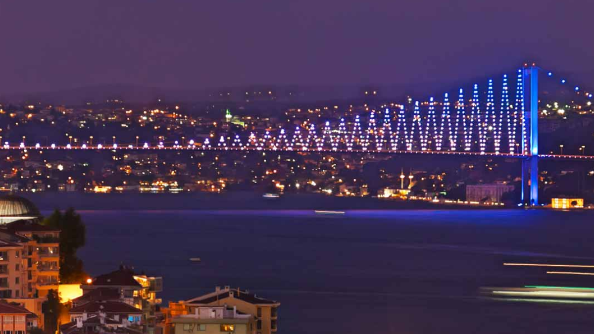 Yavuz Sultan Selim Bridge with blue lights at night