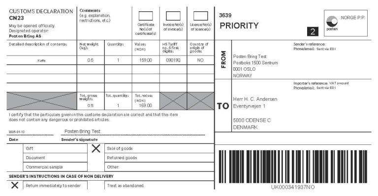 Customs Label CN23 Letter Packet International