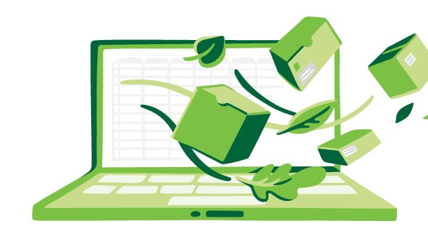 Illustrert bilde av pakker som flyver ut av en laptop.