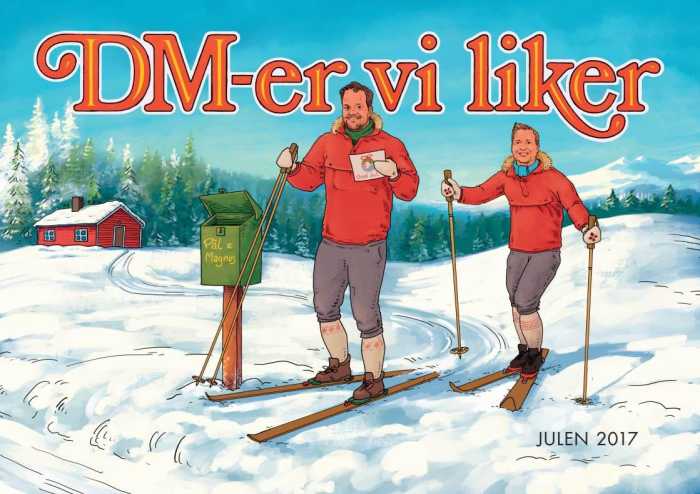 En illustrasjon av to menn på ski