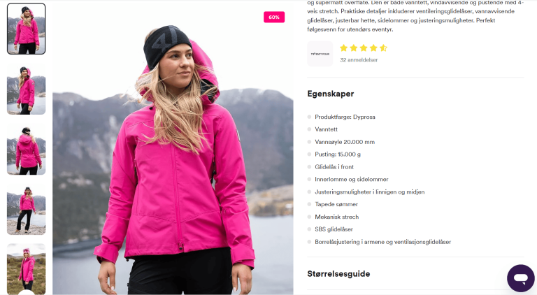 Bilde som viser en produktside inne på nettbutikken til Getinspired